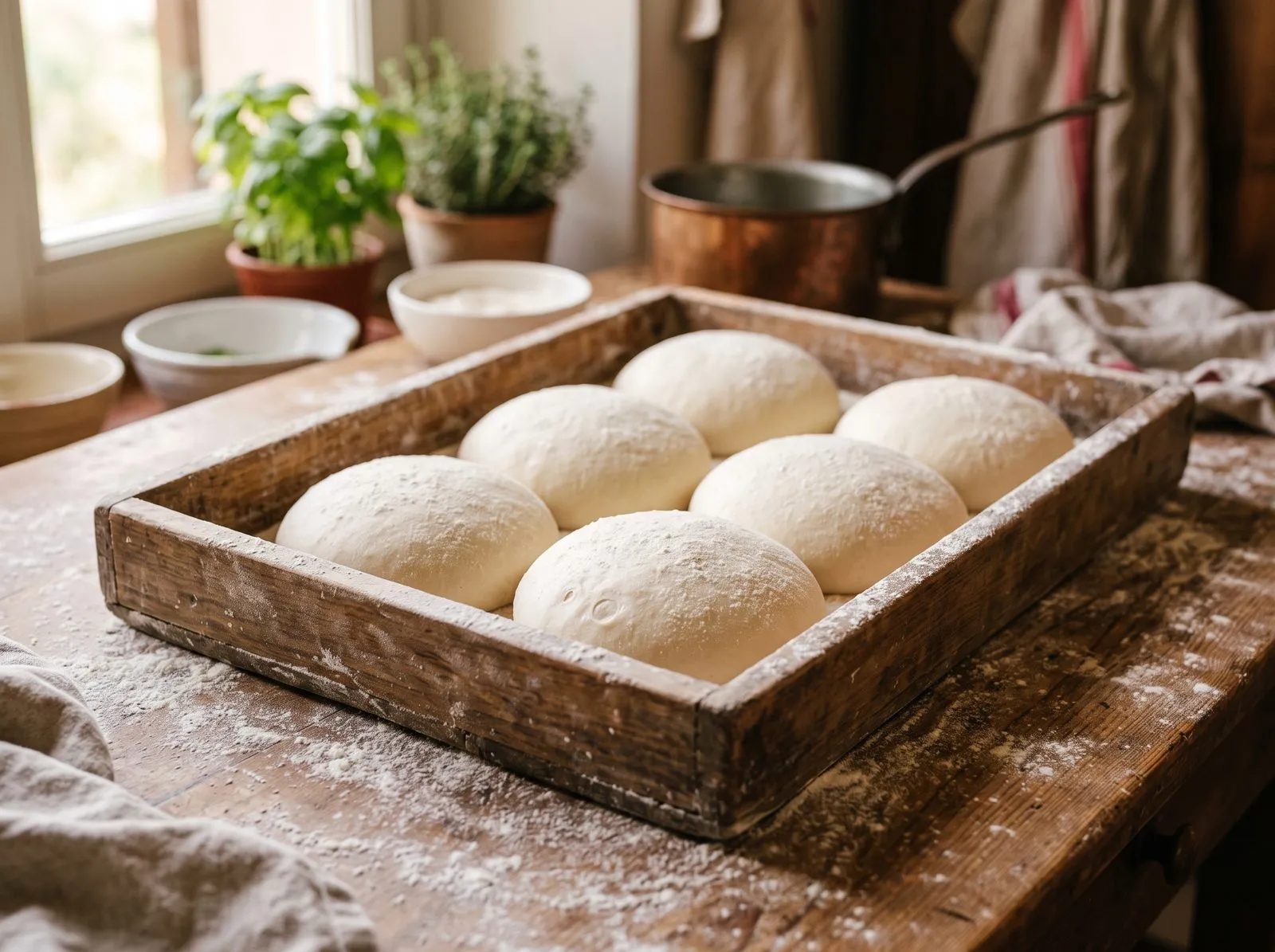 Pizzateiglinge in einer Holzkiste